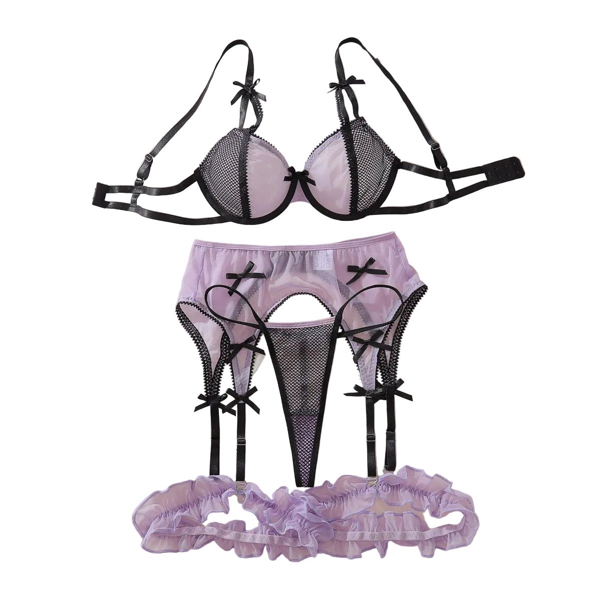 House Of Dasein Color Blocking Mesh Bra Set With Hollowed Out Perspective And Fun Lingerie Underwear 4 Piece - Dark Purple - L Main image