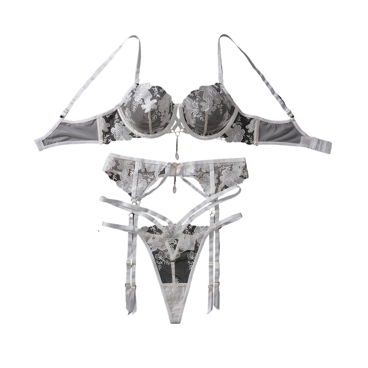 House Of Dasein Embroidered Mesh Perspective Sexy Gathering Lingerie Three Piece Set - White - L