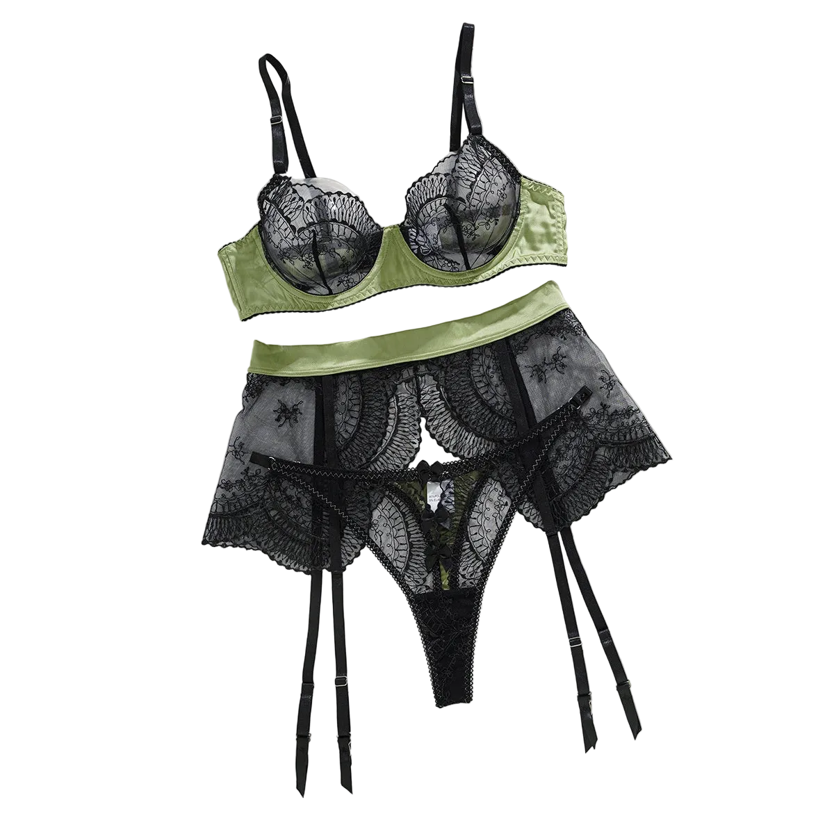 House Of Dasein Color Blocking Splicing Sexy Bra Set Mesh Transparent Hollow Out Erotic Lingerie Three Piece - Black Green - M