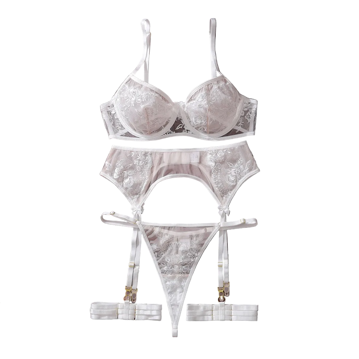 House Of Dasein Embroidered Sexy Bra Set With Mesh And Perspective Lingerie Underwear - White - S