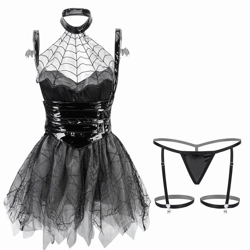 House Of Dasein Womens Sexy See Through Soft Yarn Spider Little Devil Patent Leather Girdle Uniform Seat - Without Stockings
