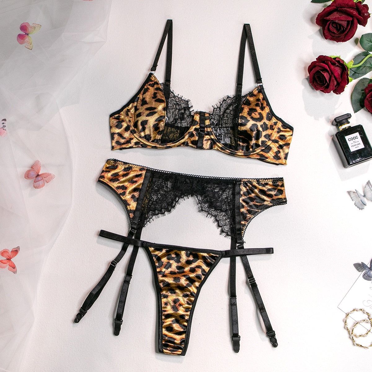 House Of Dasein Internet Celebrity Hot Selling Sexy Wild Leopard Lace Splicing Comfortable Three-Piece Set - Leopard Print - S Main image