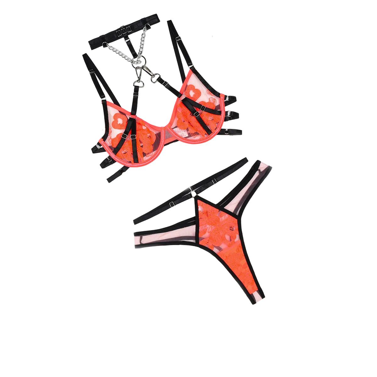 House Of Dasein Color Blocking Detachable Two-Piece Sexy Bra Set Embroidered Splicing Lingerie For Women - S