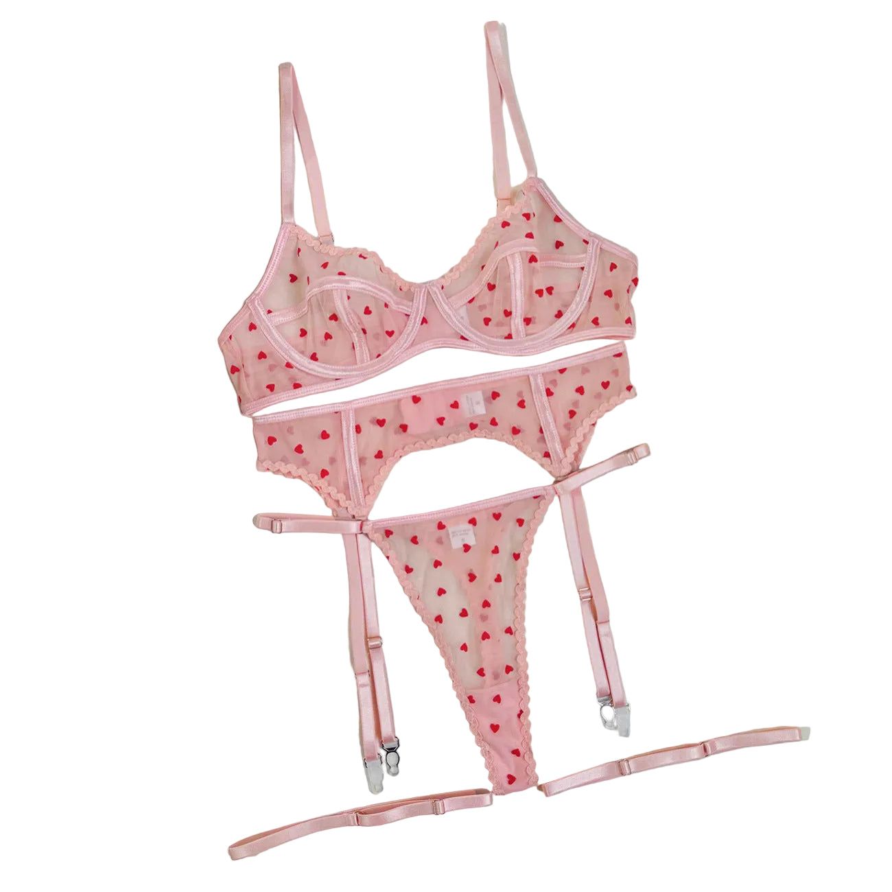 House Of Dasein Flocked Heart 3 Piece Sexy Women's Lingerie Garter Belt Cute Girl Set - Pink - L