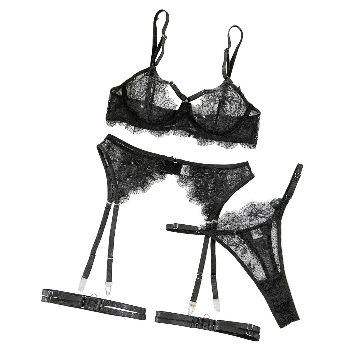 House Of Dasein Cross-Border Sexy Lingerie Temptation Set Seductive French Eyelash Lace Hollow-Out Bra Garter Belt Four-Piece - S