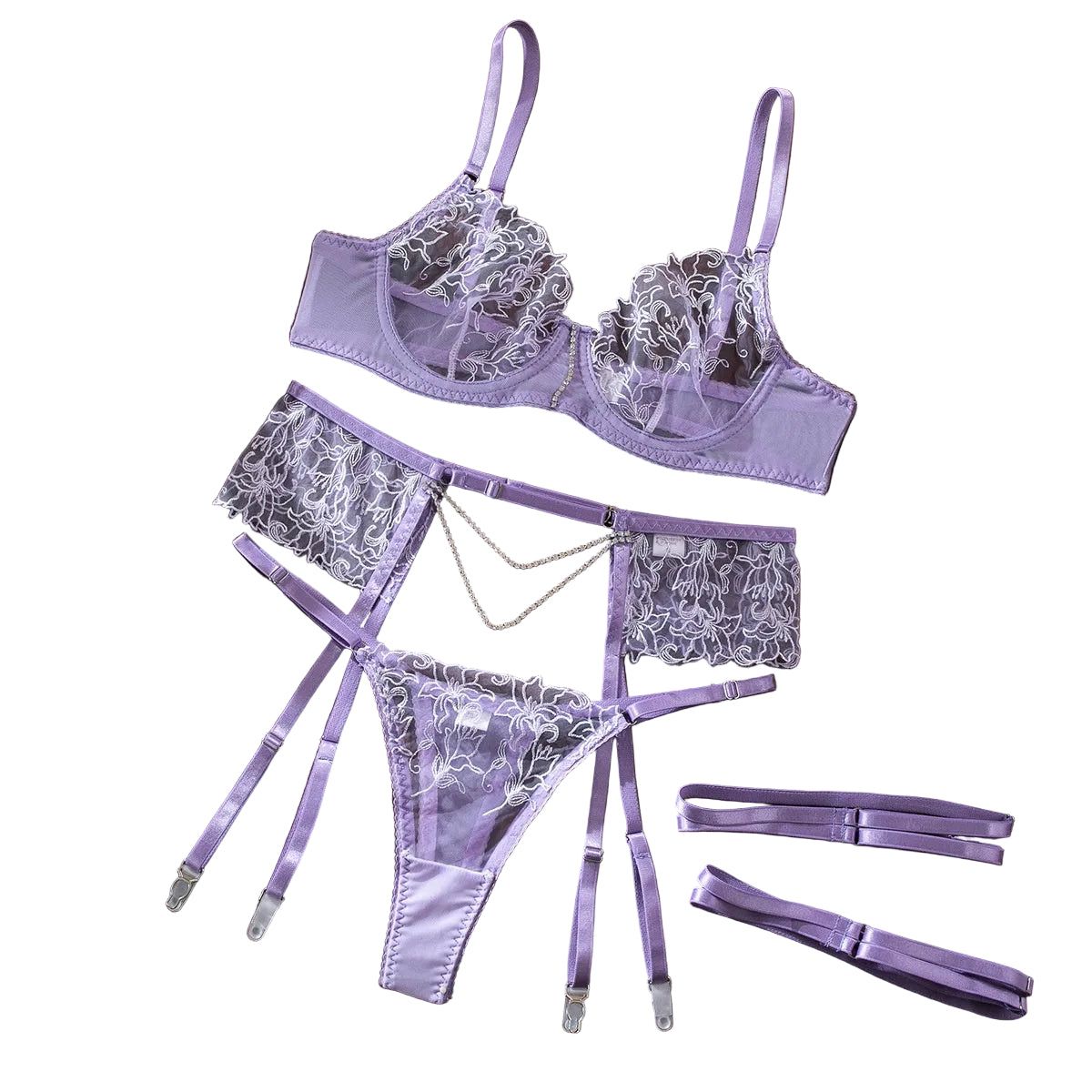 House Of Dasein Elegant 3 Piece Set For Women Transparent Sexy Embroidered Chain Lace Underwear Suit - Light Purple - L