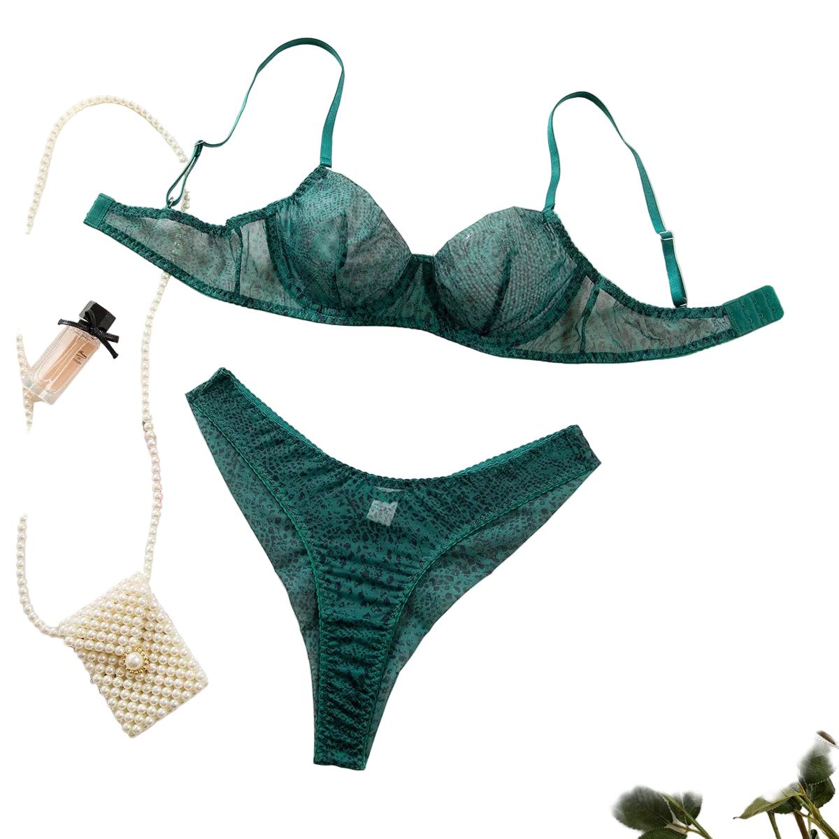 House Of Dasein Green Leopard Print Bra Underwear Sexy Hollow Thin Cup With Steel Ring Comfortable Erotic Set For Women - Green - S Main image