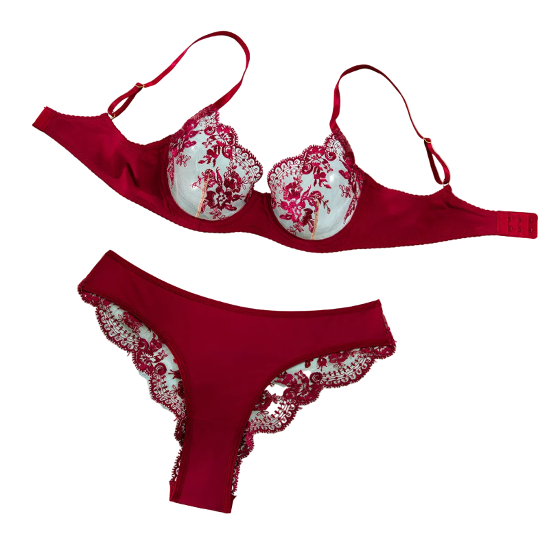 Sexy Embroidered Bra Underwear Ultra Thin Mesh Splicing Large Chest Minimizer Women's Transparent Two Piece Set - Wine Red - S Main image