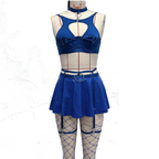 Lace Erotic Lingerie Set Sexy Bra Solid Color Leather - Blue - M