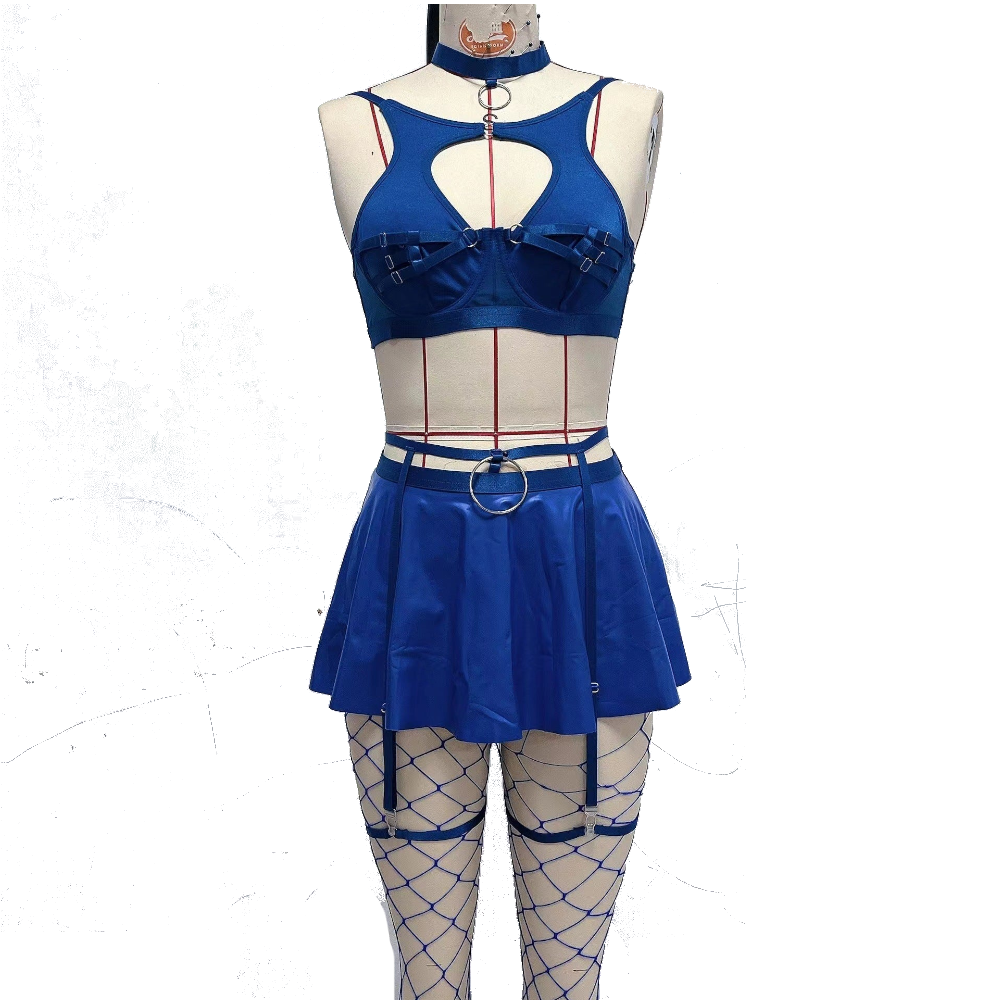 Lace Erotic Lingerie Set Sexy Bra Solid Color Leather - Blue - M