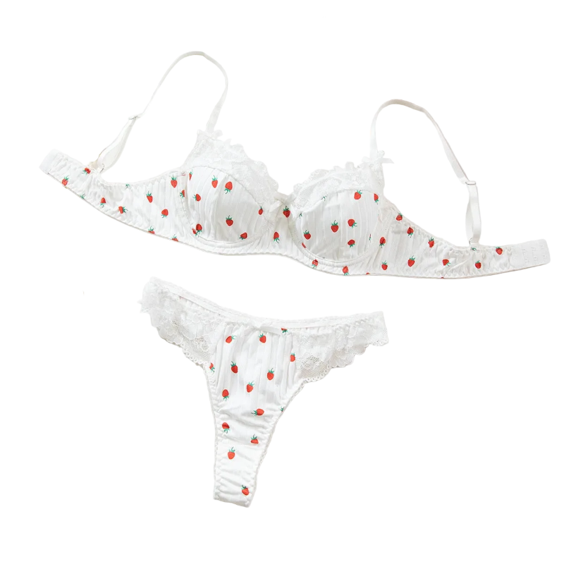 Printed Lace Bra Set With Steel Ring Gathering Bowknot Erotic Underwear - White - M