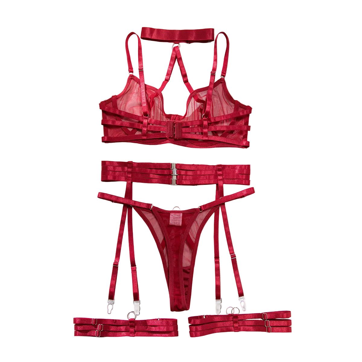 Necklace Bra Set Ultra Thin Mesh Transparent Sexy Strap Metal Buckle Tempting Lingerie - Wine Red - L