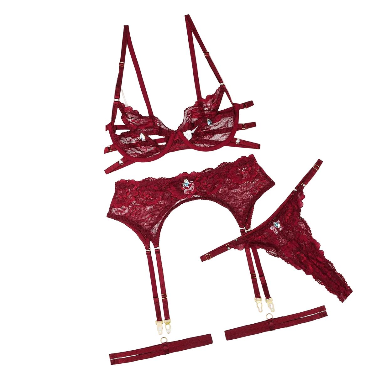 House Of Dasein Waterdrop Diamond Grain Sexy Lace Hollow Underwear Set With Steel Rim - Wine Red - L