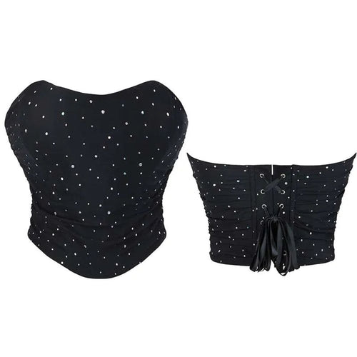 House Of Dasein Black Ruched Hem Corset Crop Top For Plus Size Women Back Lace Tight Fit Sequined Detailing Large - S