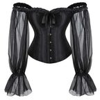 House Of Dasein Ruffled Gothic Corselet Top With Puff Sleeves And Lace-Up Boning Transparent Satin Overbust Corset For Women 4Xl - Xs