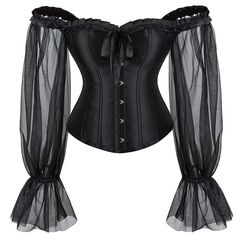House Of Dasein Ruffled Gothic Corselet Top With Puff Sleeves And Lace-Up Boning Transparent Satin Overbust Corset For Women 4Xl - Xs