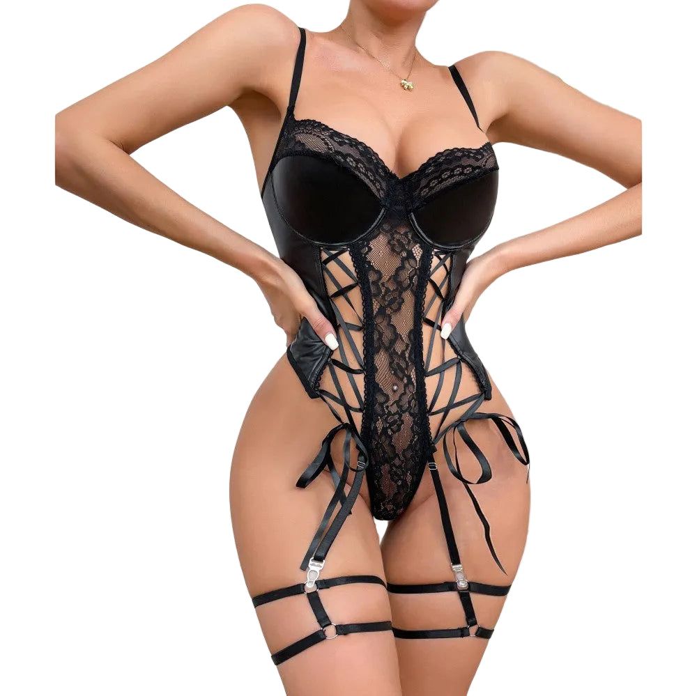 Lingerie Bodysuit With Pu Leather And Lace Trim Push-Up Bra Fitted Underwear For Nightclub - Black - S