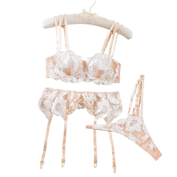 Embroidered Mesh Bra Set Wine Red S Secondary image