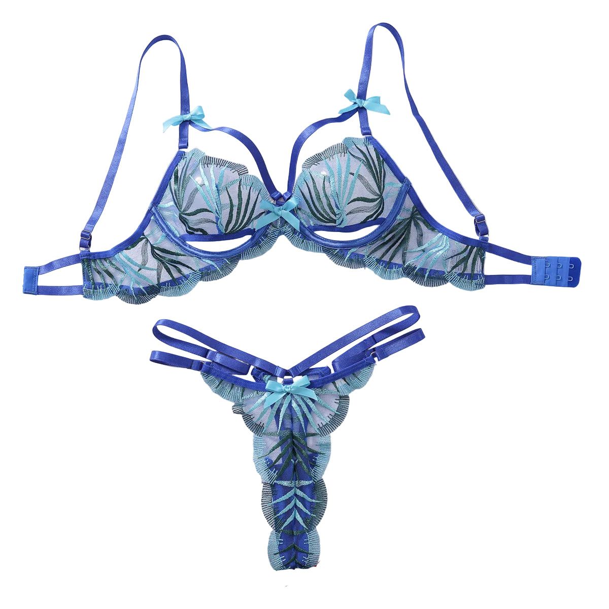 House Of Dasein Thin Embroidered Sexy Hollow Out Lingerie Two-Piece Set For Women - Blue - L