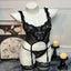 House Of Dasein Floral Embroidery Lingerie Set With Lace Splicing Transparent Gathered Bra Three Piece - Black + Silk Stockings - L
