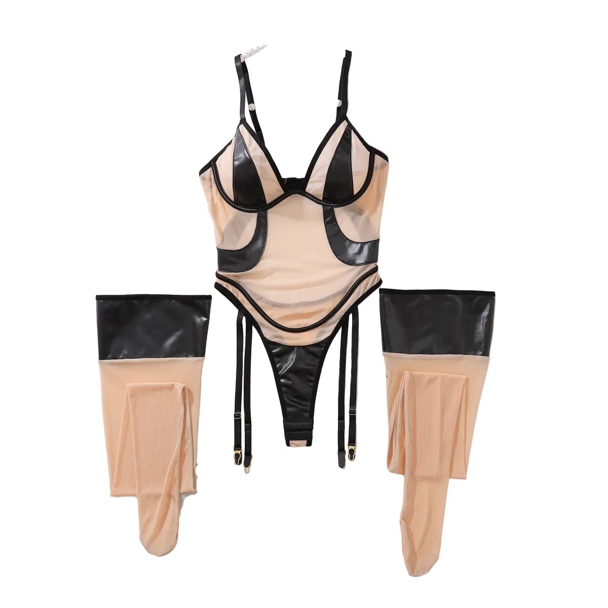 Mesh Pu Leather Patchwork Jumpsuit Leg Socks Ultra Thin Non Removable Lingerie Set - Black Skin Color - L Main image