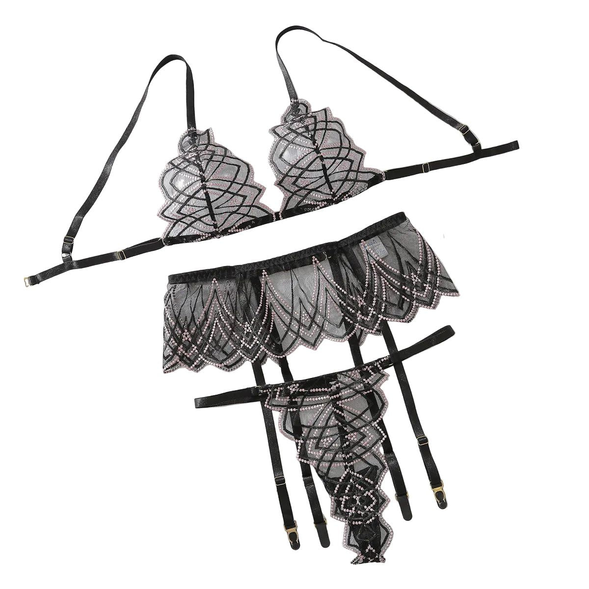 House Of Dasein Mesh Perspective Slimming Bra Set Sexy Underwear 3 Piece - Black - M