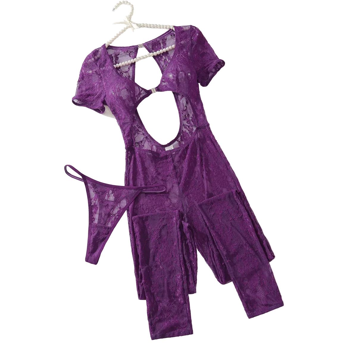 House Of Dasein Purple Sexy Lace Suit With Hollowed Out Exposed Navel And See Through Tight Fitting Jumpsuit Underwear - L