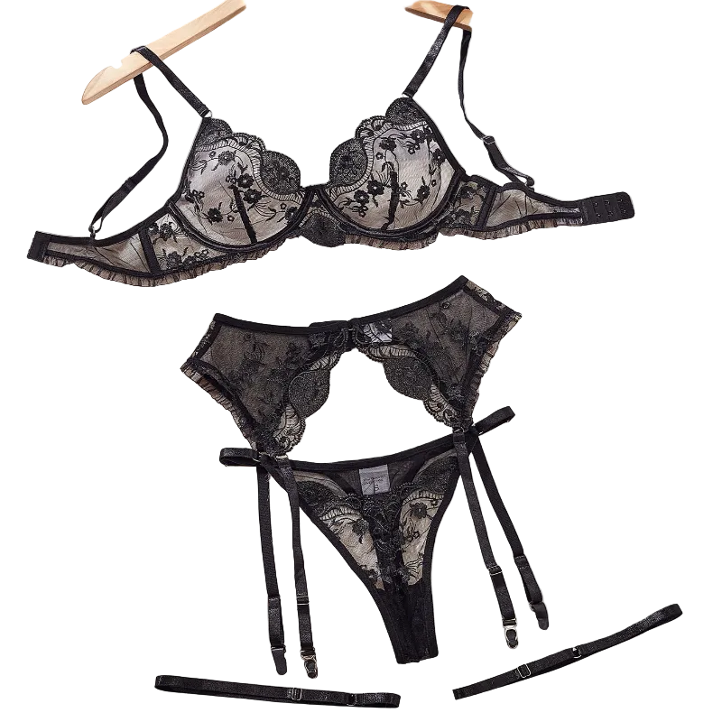 Sexy Bra Set Embroidered Mesh Splicing Underwear Garter Belt Four Piece - Black - L