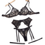 Sexy Bra Set Embroidered Mesh Splicing Underwear Garter Belt Four Piece - Black - L