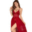 House Of Dasein Sexy Mesh Transparent Lace Halter Slit Long Dress Set - Wine Red - S