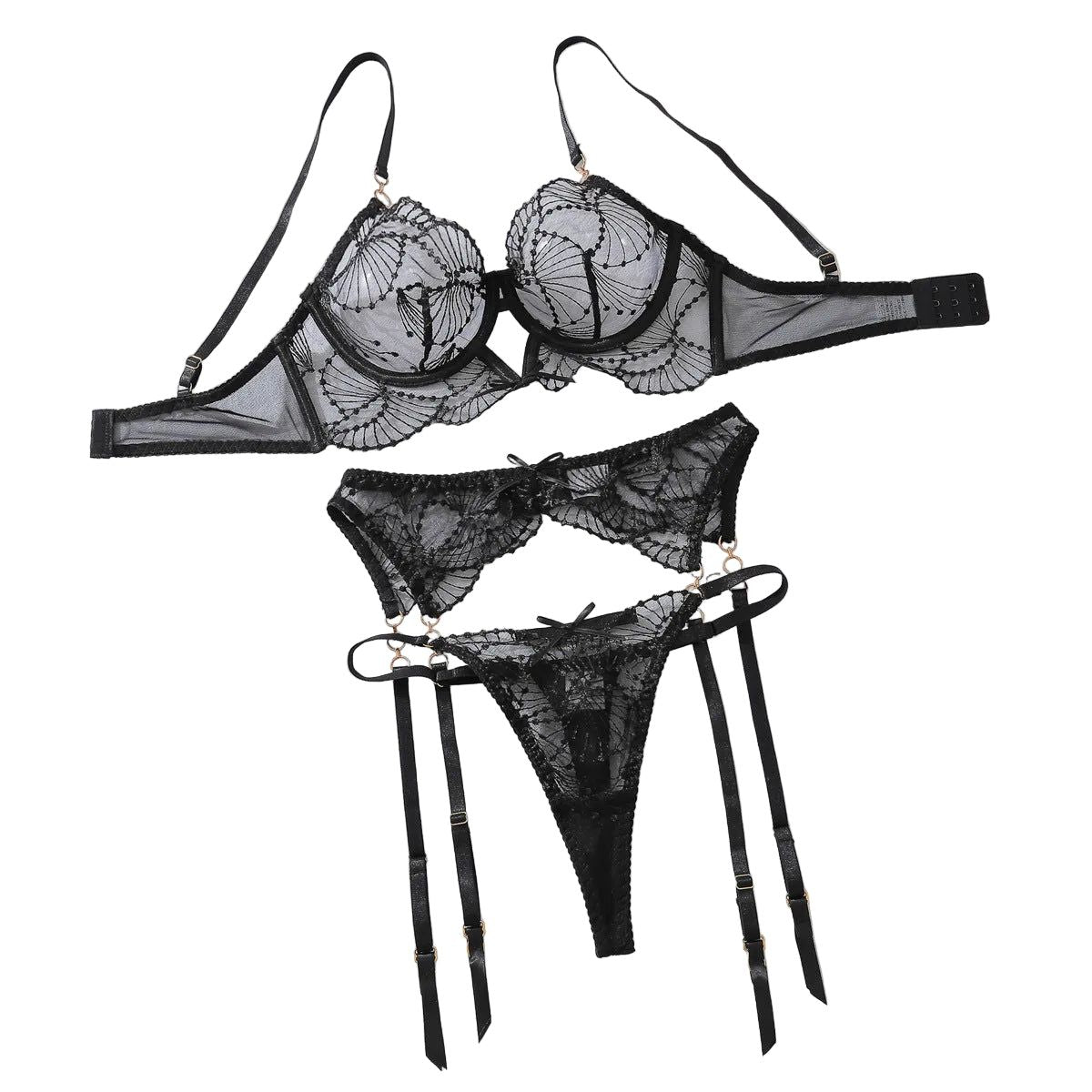 Perspective Embroidered Sexy Bra Set With Lace Underwear And Three Piece - Black - L Main image