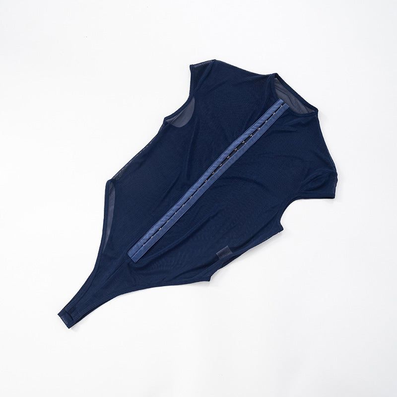 Women's Metal Buckle Sexy Perspective Slim Mesh Jumpsuit Blue - Blue - L