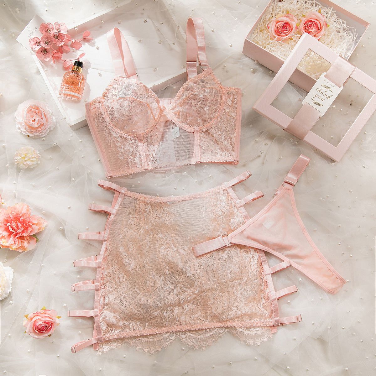 House Of Dasein High Elastic Lace Underwear Seductive 3D Tailored Slim Elegant Fashion Essential Lingerie Set - Pink - Xl