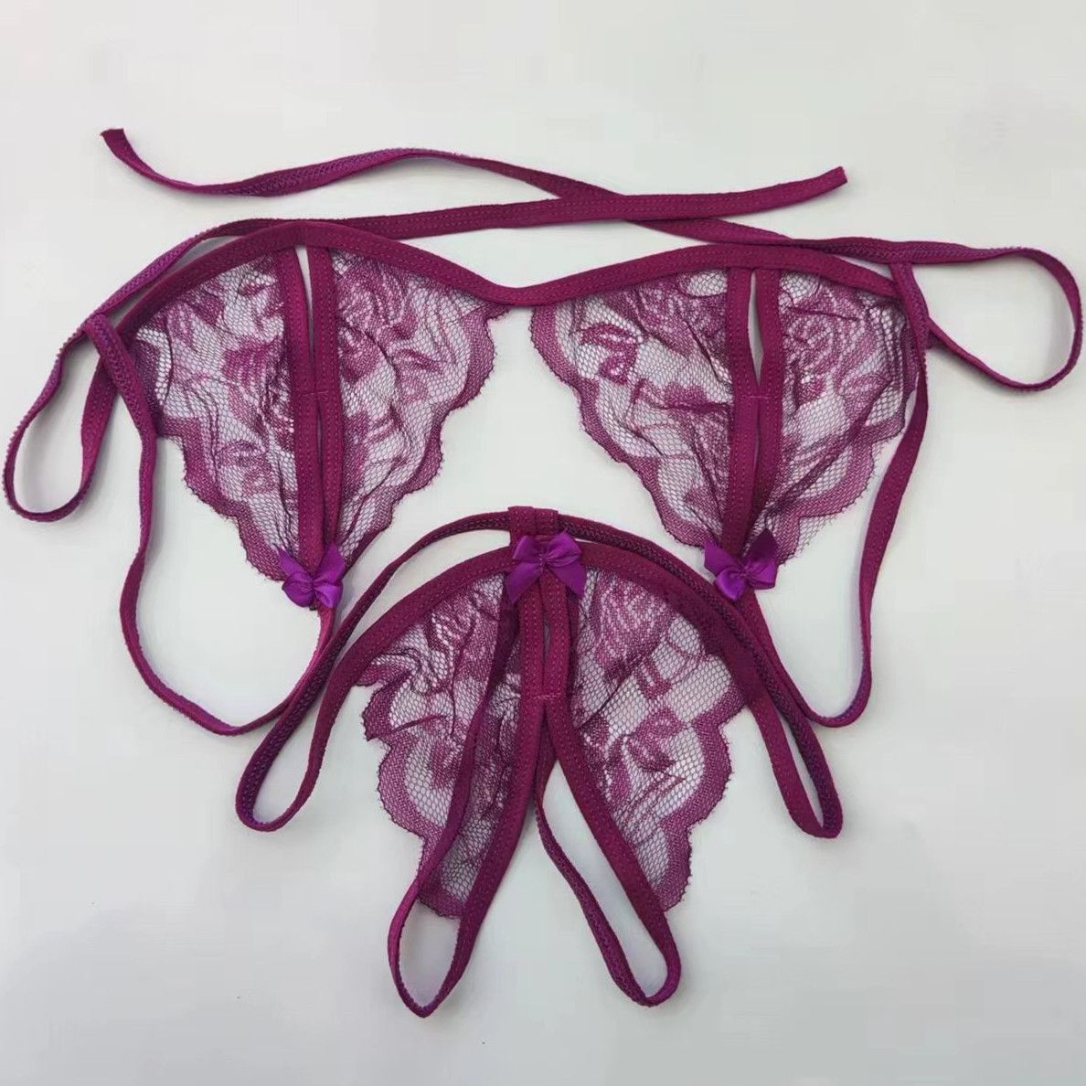 Yunfangyan Lace T Panties Bow Crotch Free Nylon Purple [bra + underwear]] Average size [40.00 kg-60.00 kg]