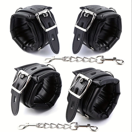 Padded Faux Leather Sex Cuffs, BDSM Bondage Restraints Toys Bondage Handcuffs and Ankle Cuffs for Sex(Handcuffs and Ankle Cuffs Set, Black)