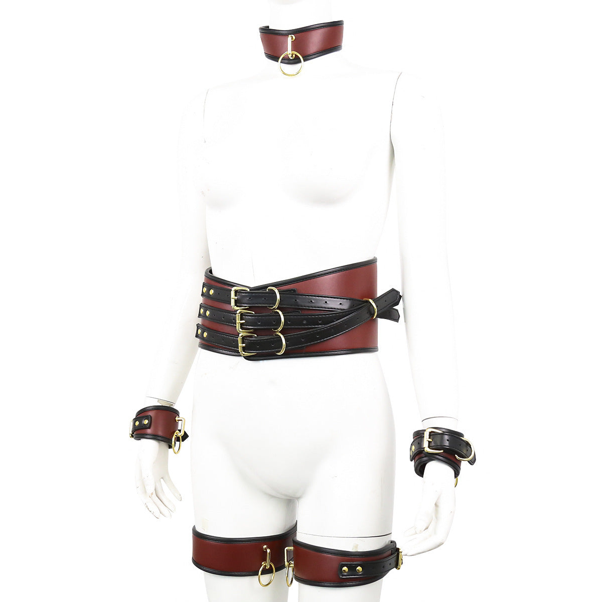 Adjustable PU Leather Bondage Restraint Set - Collar, Waist Belt, Hand & Leg Cuffs with Connectors(red) Main image