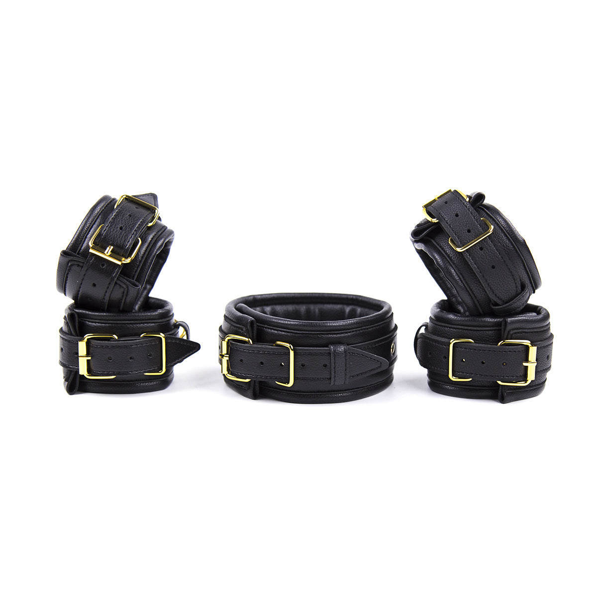 Premium PU Leather Adjustable Padded Collar, Handcuffs & Ankle Cuffs Set with Leash/Connectors(black) Main image