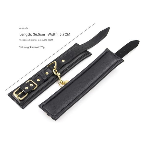 Elosung Premium PU Leather Adjustable Padded Collar Handcuffs & Ankle Cuffs Set With Leash Connectors Black Secondary image