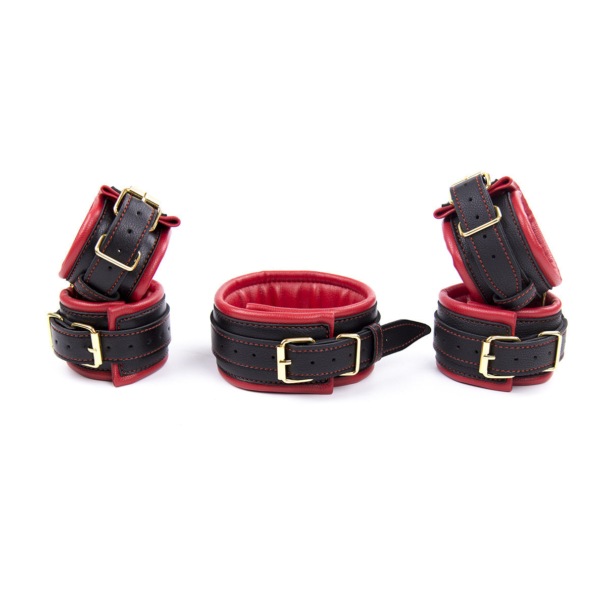 Premium PU Leather Adjustable Padded Collar, Handcuffs & Ankle Cuffs Set with Leash/Connectors(Red) Main image
