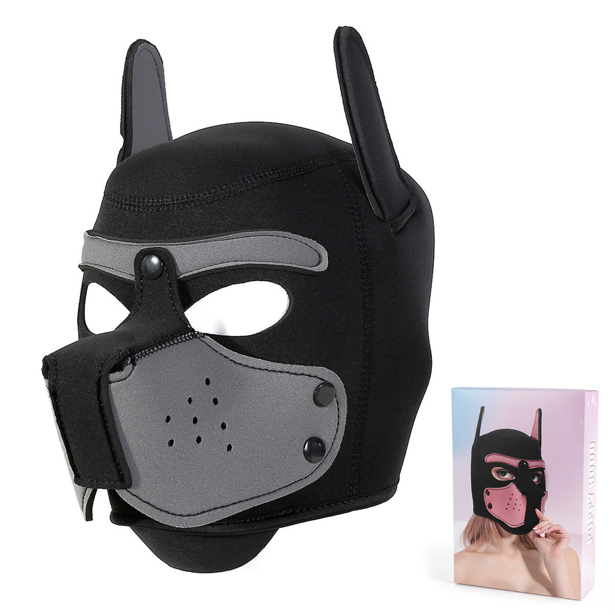 Playful Puppy Hood Mask - Soft Neoprene Full Head Cosplay & SM Accessory(Gray) Main image