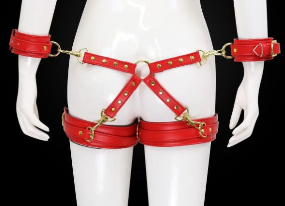 Adjustable PU Leather X-Harness Restraint Set with Cuffs - Playful Bondage Accessory(Red) Main image