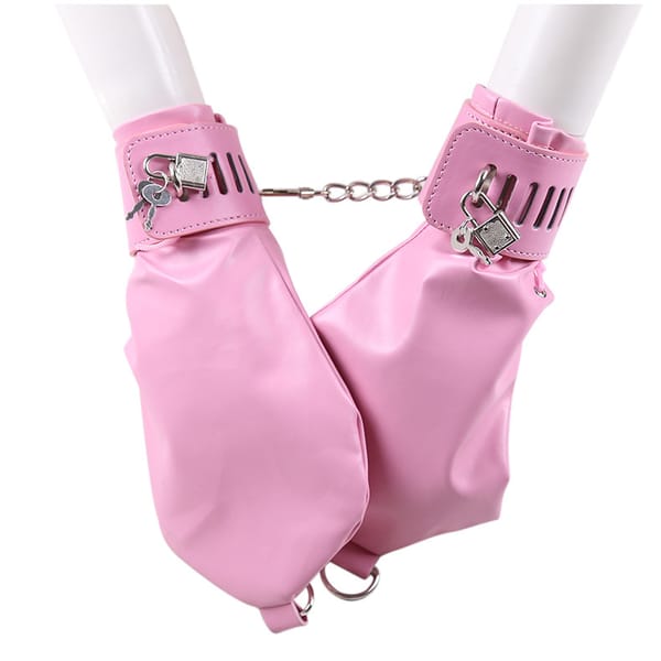 Elosung PU Leather Padded Bondage Mitts With Locking Straps & Connecting Chain Red Elosung