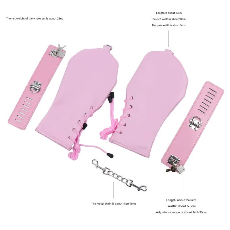 PU Leather Padded Bondage Mitts with Locking Straps & Connecting Chain - Playful Adult Set(Pink) Main image