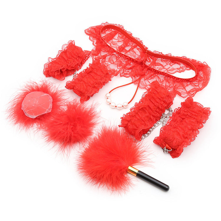 7-Piece Lace & Feather Playful Lingerie Accessory Set - Cuffs, G-String, Tickler &Nipple stickers(red) Main image
