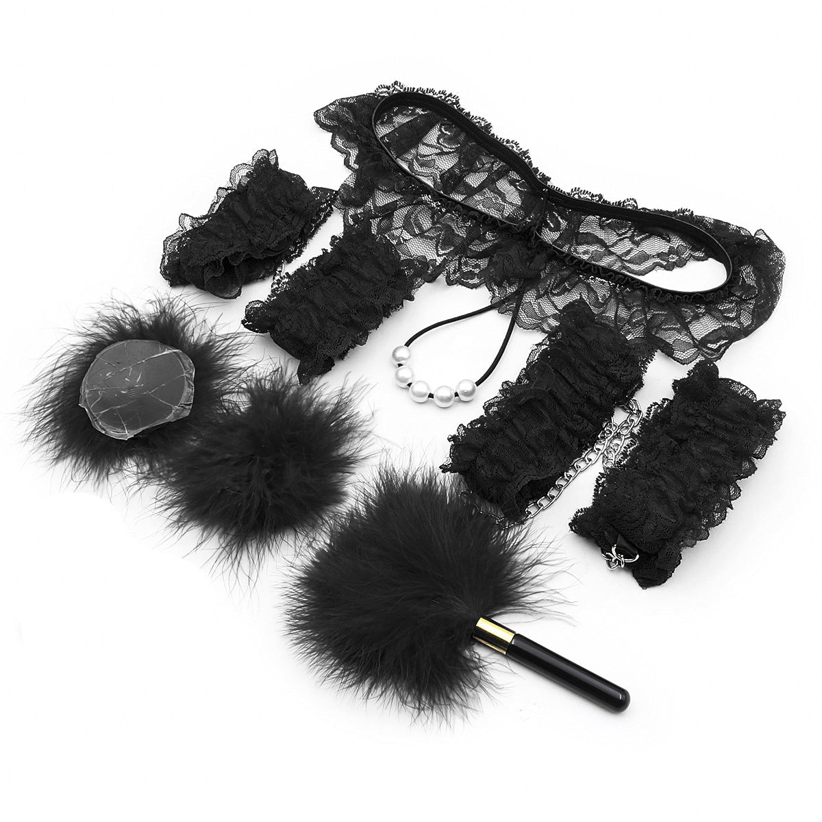7-Piece Lace & Feather Playful Lingerie Accessory Set - Cuffs, G-String, Tickler &Nipple stickers(black) Main image