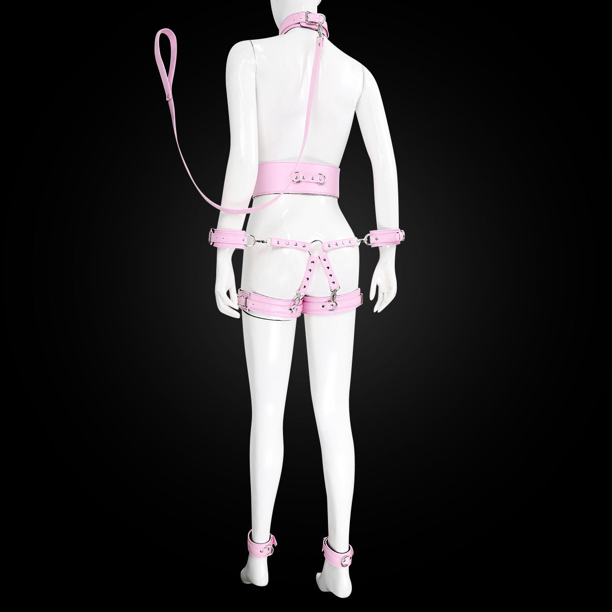 Full Body PU Leather Bondage Restraint Set with Collar, Leash, Cuffs & Harness - Adjustable Adult Play(Pink) Main image