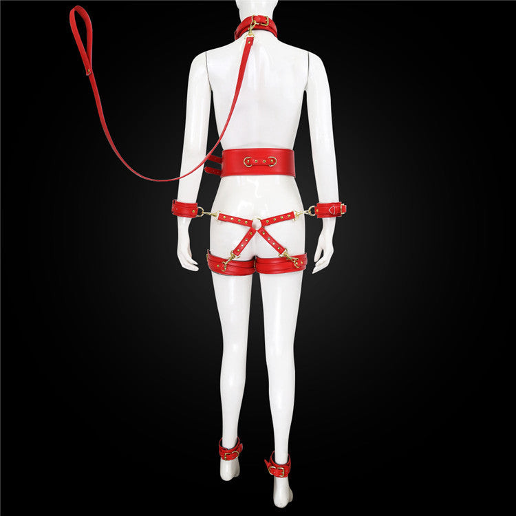 Full Body PU Leather Bondage Restraint Set with Collar, Leash, Cuffs & Harness - Adjustable Adult Play(Red) Main image