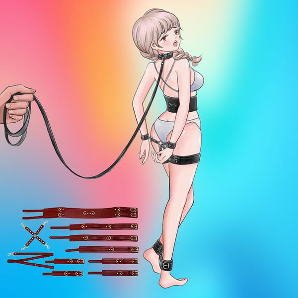 Elosung Full Body PU Leather Bondage Restraint Set With Collar Leash Cuffs & Harness Adjustable Red Secondary image