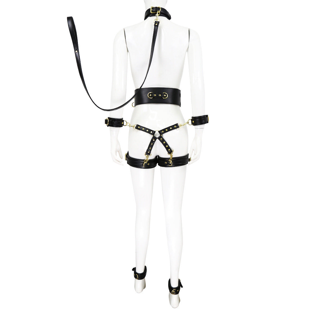 Full Body PU Leather Bondage Restraint Set with Collar, Leash, Cuffs & Harness - Adjustable Adult Play(Black) Main image