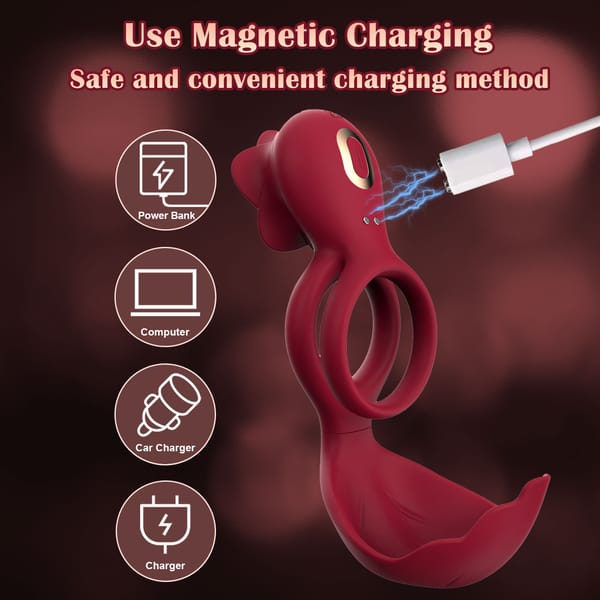 Elosung Dual Motor Rechargeable Couples Vibrating Ring Silicone Red Elosung